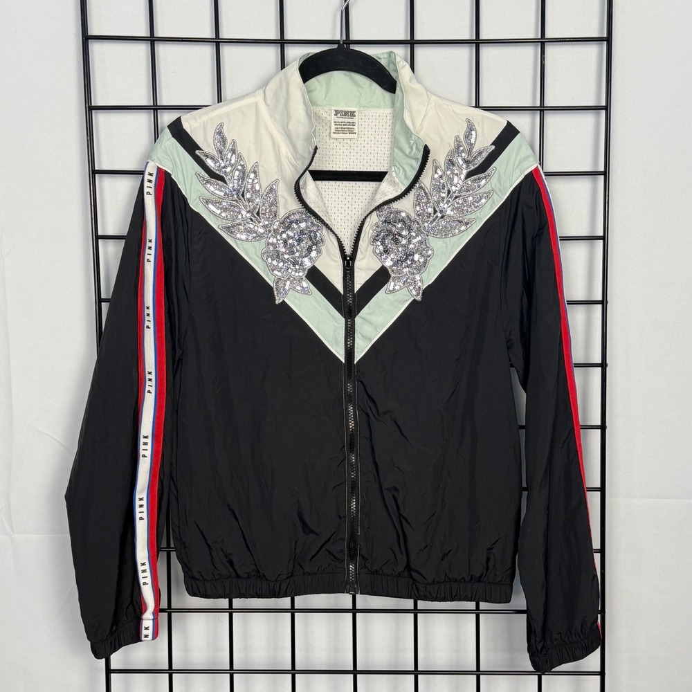 Victorias Secret PINK Bling Sequin Appliqué Jacket Womens XS/S Green Windbreaker